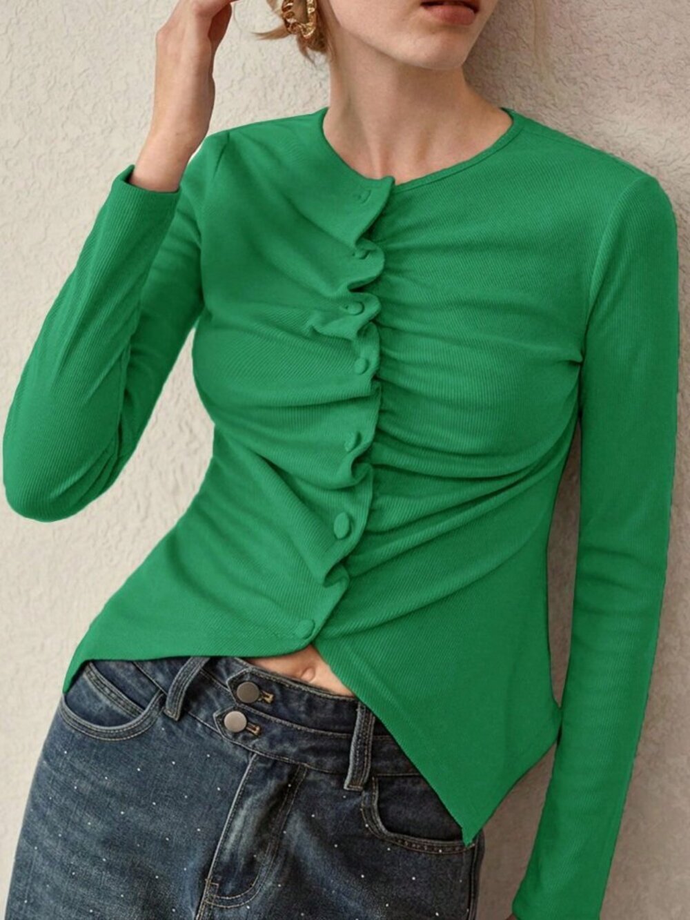Green Casual Women's Ruched Knit Long Sleeve T-Shirt Top